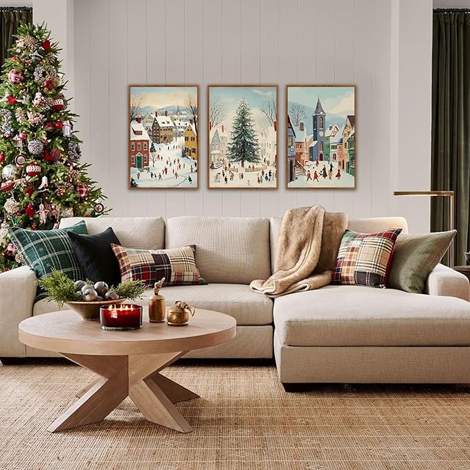 HLNIUC Christmas House Snowy Scene Framed Wall Art,Christmas Pine Trees Landscape Wall Decor,Modern Xmas Snow Scene Canvas Painting,Vintage Winter Festive Art Print for Living Room Bedroom-16 x24 x3