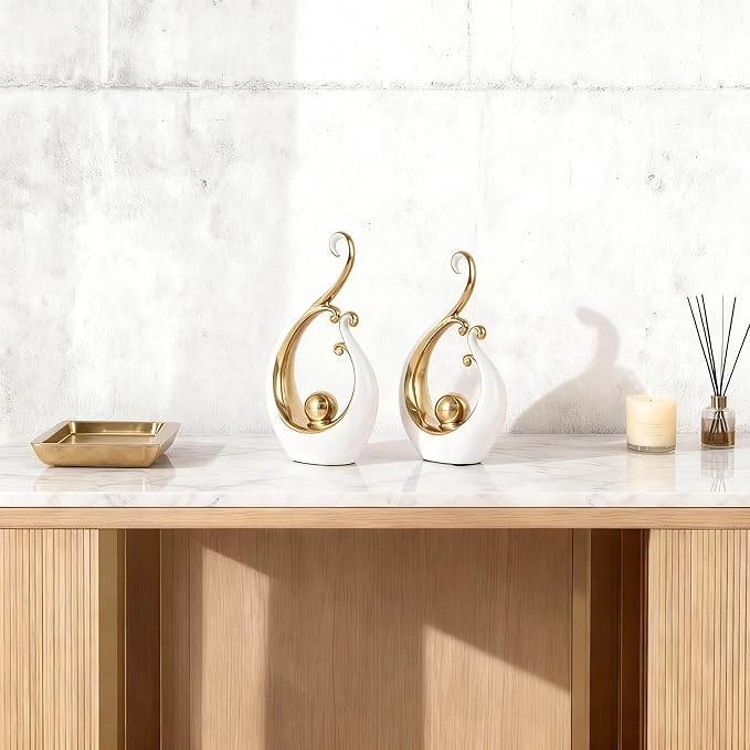 DOVDOV White and Gold Home Decor, Abstract Ceramic 2-Piece Sculpture Set, Modern mid-Century Art Statues, Perfect for Accent Tables, countertops, Coffee Tables, and entryway Decor.