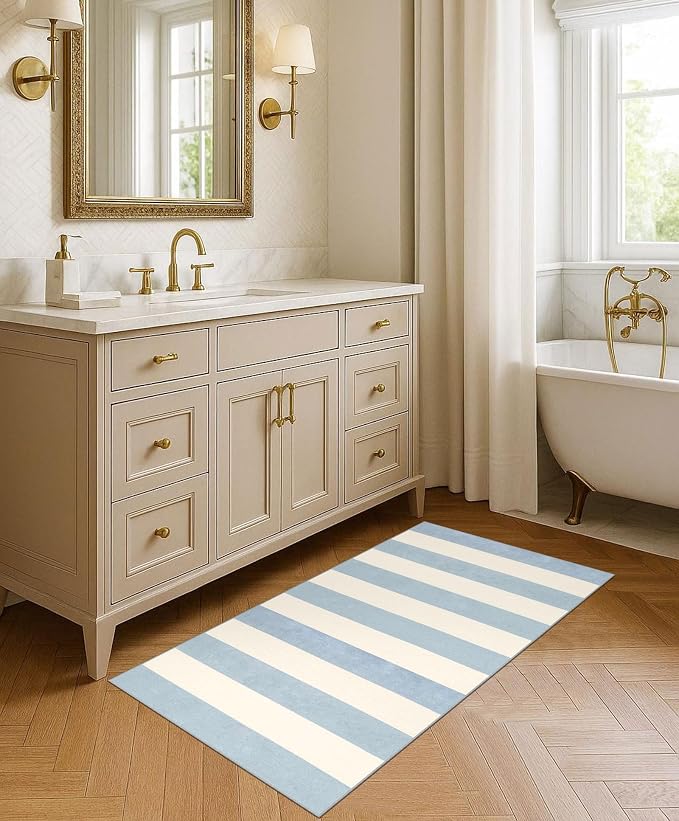 Front Door Mat Indoor Entrance - 2x4.3 Ft Washable Layered Doormat Outdoor Entrance Welcome Mat Front Porch Rug Non-Slip Blue White Striped Runner Rug for Kitchen Bedroom Front Porch Decor