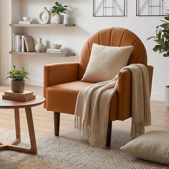 PU Accent Chairs for Living Room with High-Density Foam Cushion, Mid-Century Single Sofa Armchair with Solid Wood Legs Upholstered Reading Chair for Bedroom Home Office (Shell Orange)
