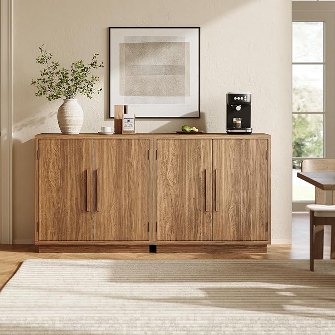 Wood Set of 2 Sideboard Cabinet, 63'' Sideboard Buffet with Adjustable Shelf, Modular Credenza Accent Storage Console Cabinet with Magnetic Doors for Entryway, Living Room, Kitchen, Walnut