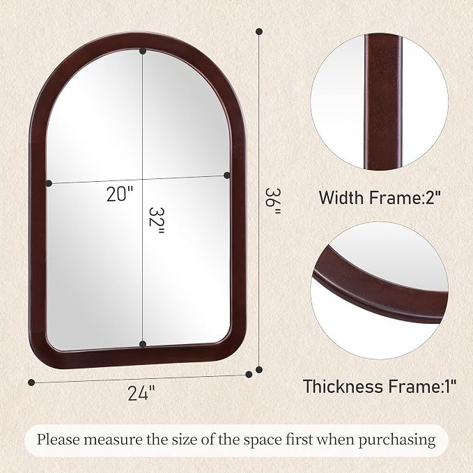 Arched Mirror 24 x 36 Inch,Dark Walnut Brown Wood Rustic Bathroom Tempered Wall Mirror with Wood Frame,Round Corner Arch Farmhouse Wooden Vanity Mirror for Living Room,Entryway or Bedroom