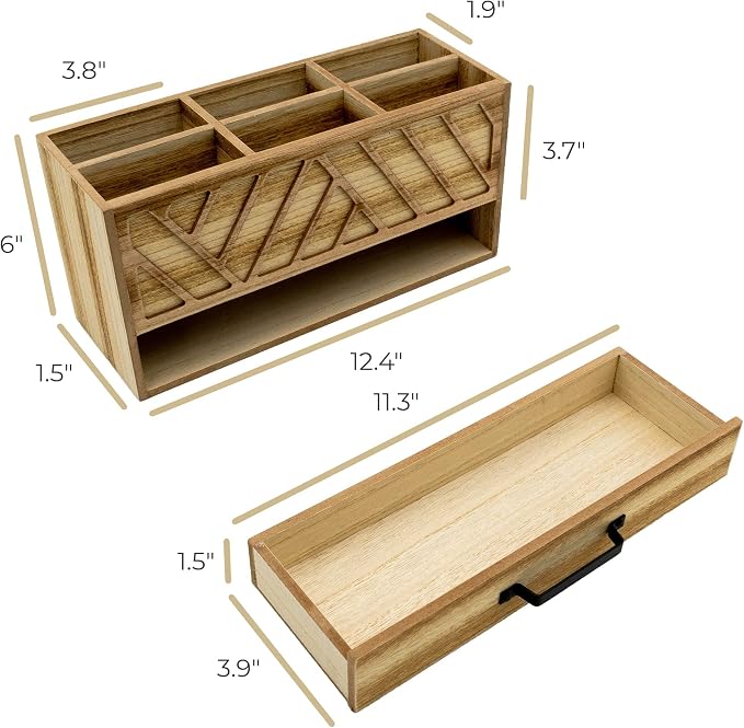 BLU MONACO | Natural Wood Desktop Pen Organizer with Drawer | Wooden Pen Holder & Stationery Organizer with 6 Compartments | Desk Storage for Office, Art Supplies & Home