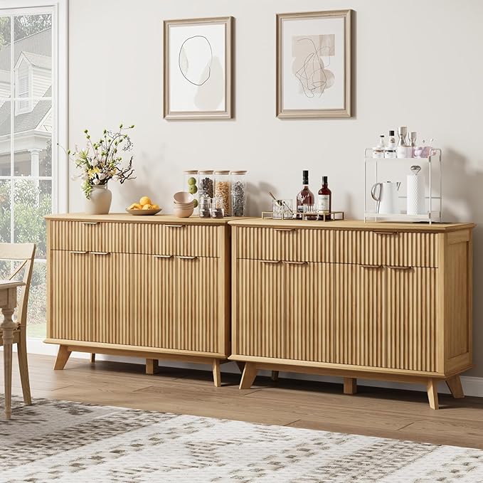 QUW Fluted Buffet Sideboard Cabinet with Storage, 47.2" Kitchen Cabinet with Drawers and Adjustable Shelves, Modern Coffee Bar with Charging Station, for Dining Room, Living Room, Natural Oak