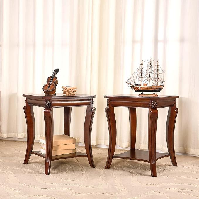 Solid Wood Side Table with Storage Shelf, 2-Tier Square End Tables Living Room, Traditional Style End Table, Vintage Beside Table with Curved Legs and Printed Tabletop, Cherry Walnut Accent Table WD