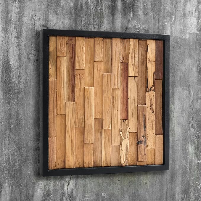 Warmaxx Rustic Teak Wood Framed Wall Décor Aesthetic 17" x 17" Farmhouse Wall Art Christmas Decoration Home Office Dorm Neutral Square Handmade Geometric Wooden Wall Décor Living Room Bedroom Hallway