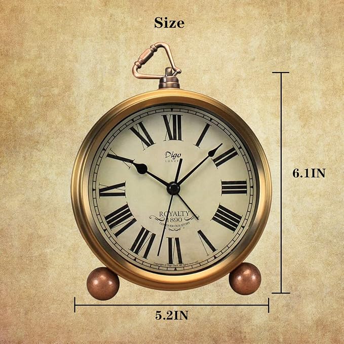 Justup Golden Table Clock, Retro Vintage Non-Ticking Table Desk Alarm Clock Battery Operated Silent Quartz Movement HD Glass for Bedroom Living Room Indoor Decoration Kids (Roman)