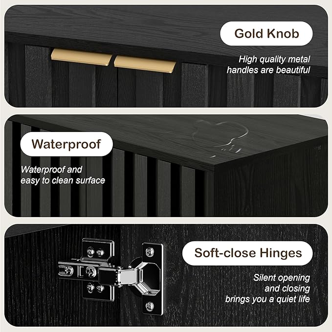 Fluted Cabinet with Storage, Small Buffet Cabinet Sideboard with Door, Kitchen Buffet Storage Accent Cabinets with Adjustable Shelves for Living Room, Entry, Hallway,Black