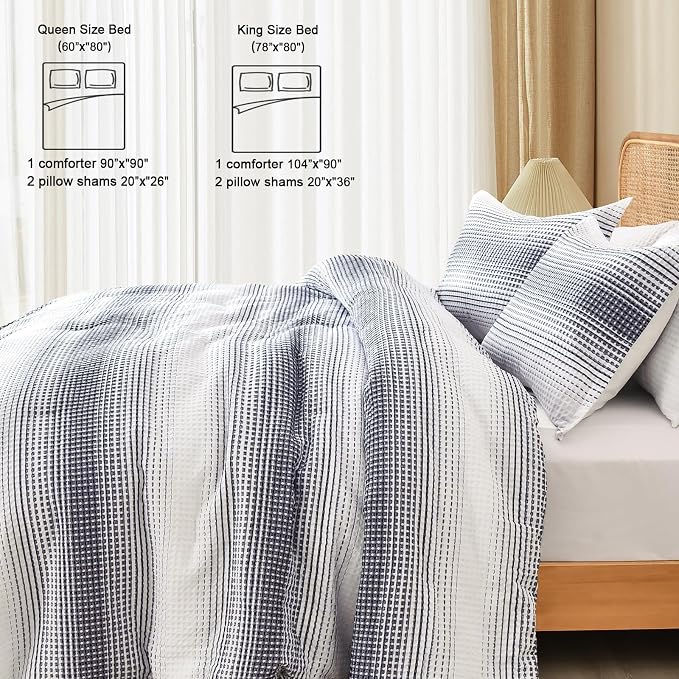 PHF Ultra Soft Yarn Dyed Waffle Weave Comforter Set Queen Size, 3 Pieces Lightweight Breathable Comfy Bedding Set, Comfy Textured 1 Comforter with 2 Pillow Shams, White and Navy