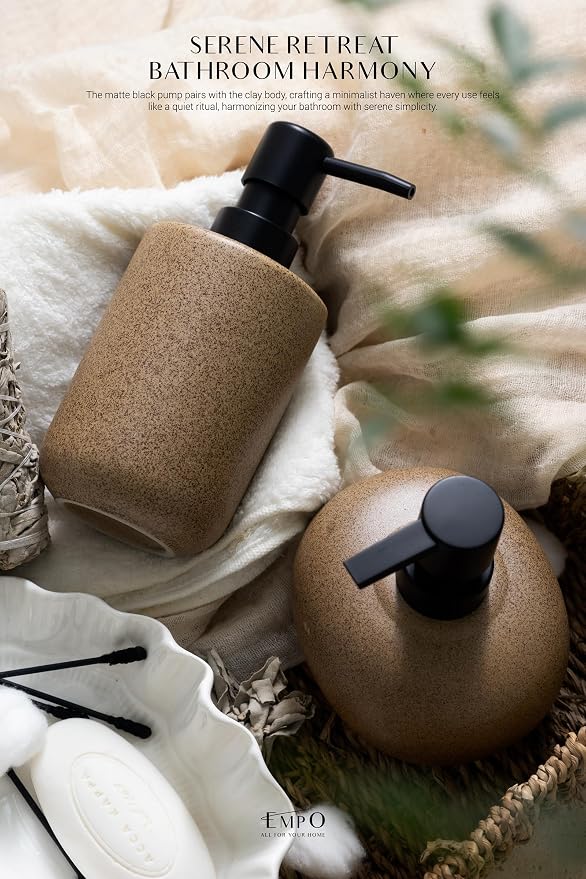 EMPO Ceramic Hand Soap Dispenser with Matte Black Pump, Stone-Textured Wabi-Sabi Liquid Dispenser for Bathroom Vanity and Kitchen Sink (350ml/11.83oz)
