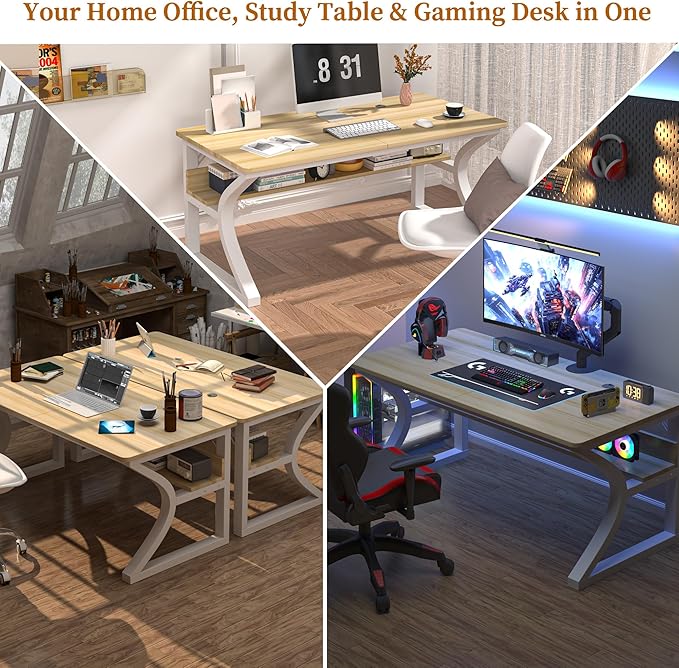 55 X 23.6'' Computer Desk, Home Office Desks w/Shelf Storage, Computer Desk w/Metal Frame, Cable Management, Study Student Desk Writing Work Table Deeper & Thicker Desktop for Home Bedroom