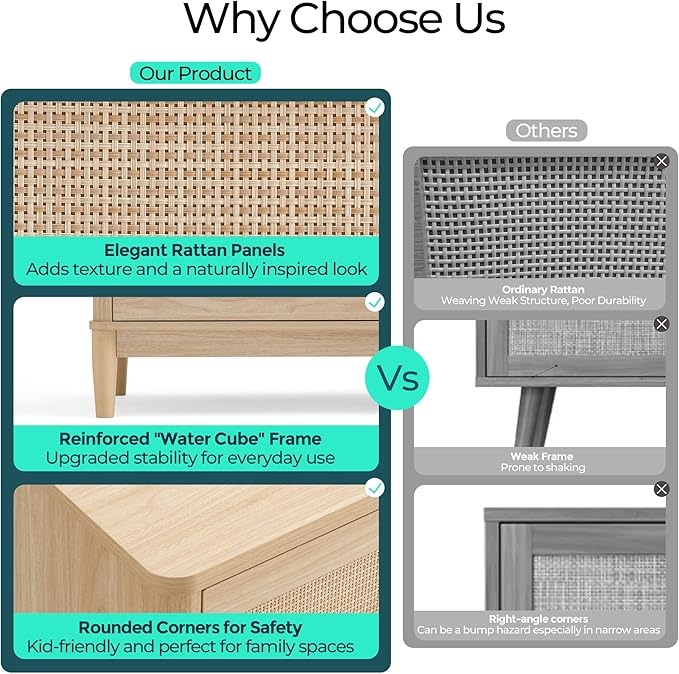 LINSY Rattan 8 Drawer Dresser for Bedroom, 47" Wide Mid-Century Modern Tall Chest of Drawers, Deep Storage Dresser with Curved Corner Design, Large Accent Wood Cabinet for Bedroom, Oak