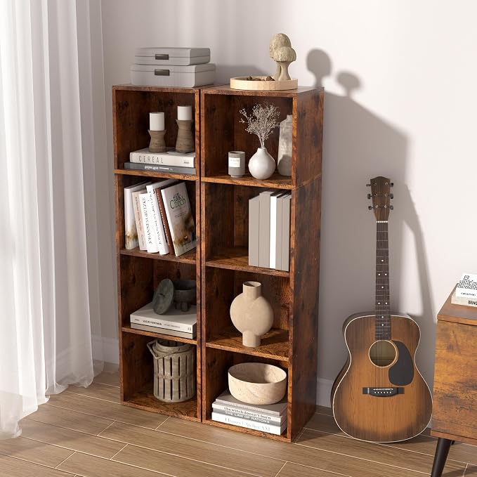 Wooden 4 Cube Storage Organizer, 4 Tier Storage Cubes Storage Display Cubby, Freestanding DIY Closet Shelving Unit for Living Room Bedroom Office(Retro Brown, 4 Cube-W(11.8inch)