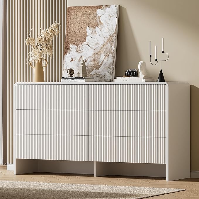 55" Wide Modern Dresser for Bedroom, 6 Drawer Chest of Drawers with Curved Design, Push-to-Open Storage Dresser, White