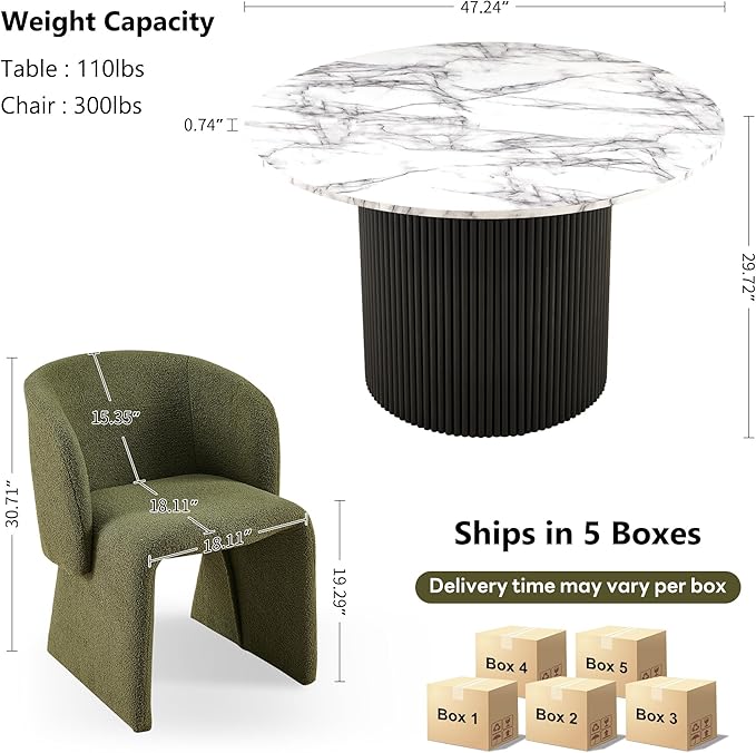 NORDICANA 5-Piece Round Dining Table Set for 4, Modern 47-Inch Kitchen Table and Chair Set, Dining Set with Dark Green Upholstered Armchairs, Manufactured Wood Top with White Marble Effect Finish
