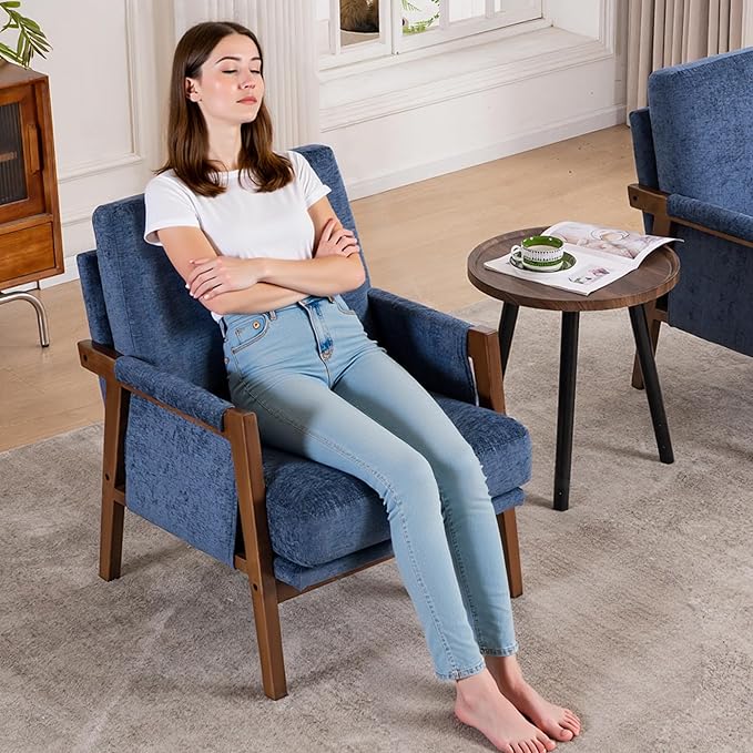Mid Century Modern Accent Chair with Wood Frame, Upholstered Living Room Chairs with Wide Armrest, Chenille Fabric Comfy Arm Chair for Bedroom, Reading Room, Balcony, Navy