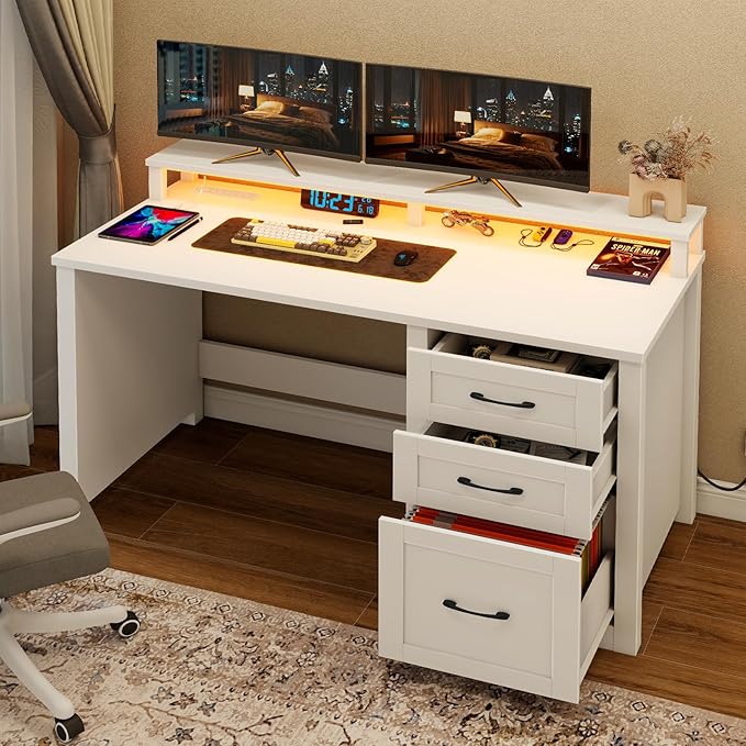 Vabches 47" Farmhouse Executive Desk with Monitor Stand & File Cabinet,3 Drawers Computer Desk with LED Lights and Power Outlets,Workstation for Home Office, Study,Writing.(White)