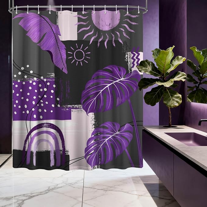 Small Stall Narrow Shower Curtain Purple and Gray Stand Up Dark Purple and Grey Abstract Shower Curtains for Rv Camper Bathroom Decor Sets, Waterproof Cloth Fabric with Hooks, 48 x 72 Inch