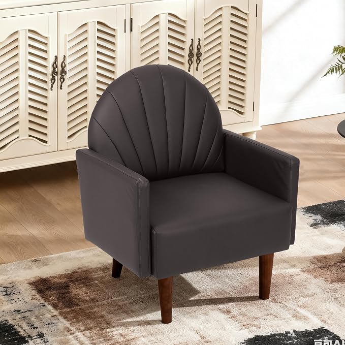 Mid-Century Accent Chair, Faux Leather Armchair - Shell-Shaped Back Waterproof PU Leather Modern Retro Lounge Chair for Living Room, Office, Bedroom & Waiting Room