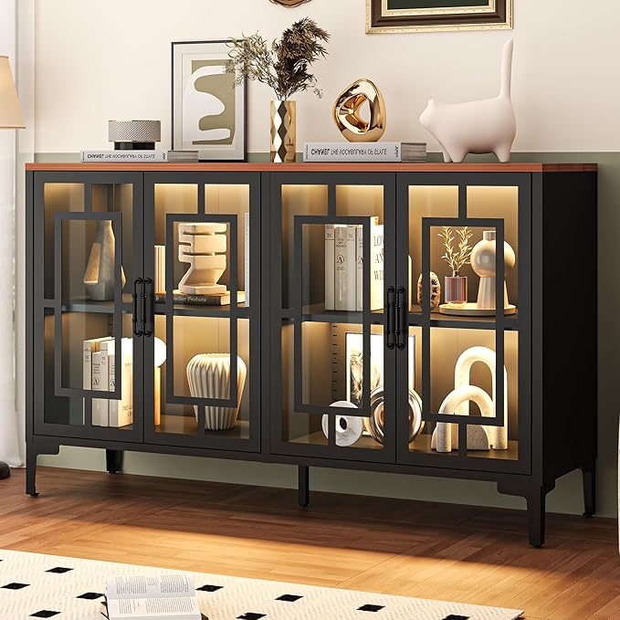 53" Glass Sideboard Buffet Cabinet with COB Lights, Adjustable Shelves, Modern Metal-Wood Buffet Table with Storage, Lighted Coffee Bar Display Cabinet for Dining Room Kitchen, Black