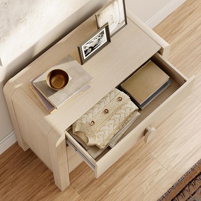 WAMPAT Sideboard Buffet Cabinet with Storage with 3 Drawers,Modern French 31.5" W Buffet Cabinet with Storage,Wood Coffee Bar Cabinets with Curved Edge Design for Kitchen Living Room,Light Oak