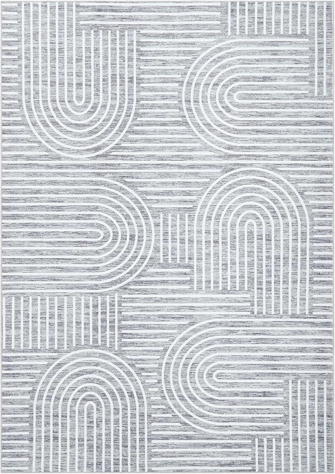 Washable Rug 3x5 Area Rugs for Living Room, Abstract Rug for Bedroom, Soft Rainbow Non Slip Throw Rugs with Rubber Back, Low Pile Stain Resistant Boho Geometric Carpet for Dining Room, Ash