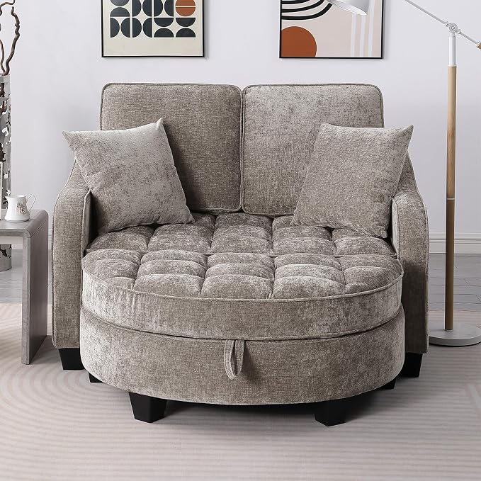 Oversized Curved Chaise Lounge Chair Indoor with Ottoman, 54.8" Cloud Boneless Reading Chair Soft Chenille Circle Couch w/Adjustable Backrest for Living Room, Apartroom, Bedroom, Brown