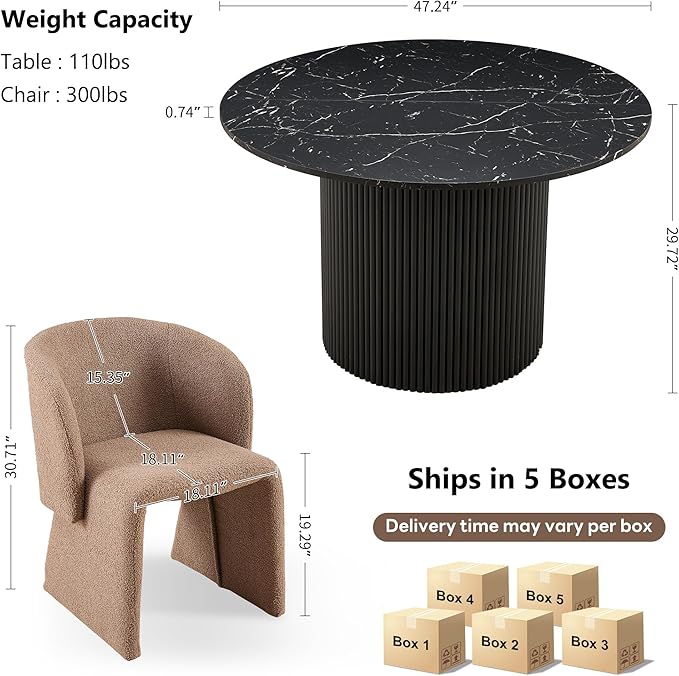 NORDICANA 5-Piece Round Dining Table Set for 4, Modern 47-Inch Kitchen Table and Chair Set, Dining Set with Brown Upholstered Armchairs, Manufactured Wood Top with Black Marble Effect Finish