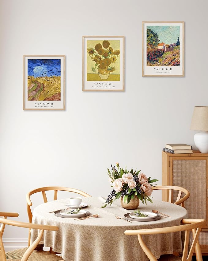 HesenDot Unframed Vincent Van Gogh Wall Art Prints Set of 3, 12x16in Classic Post-Impressionist Posters, Wheatfield and Sunflowers Canvas Print, Vintage Oil Painting Home Decor for Bedroom Living Room, Unframed