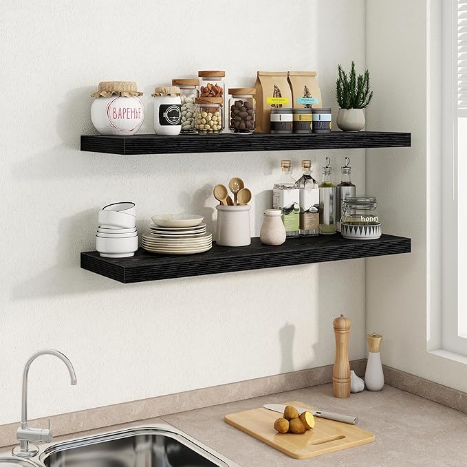 Fun Memories 40 Inch Floating Shelves in Black, 9.3 Inch Deep Floating Shelf for Bathroom Living Room Kitchen, Rusitc Wall Mounted Bathroom Shelves 2 Pack, Heavy-Duty Deep Shelf for Books Decor