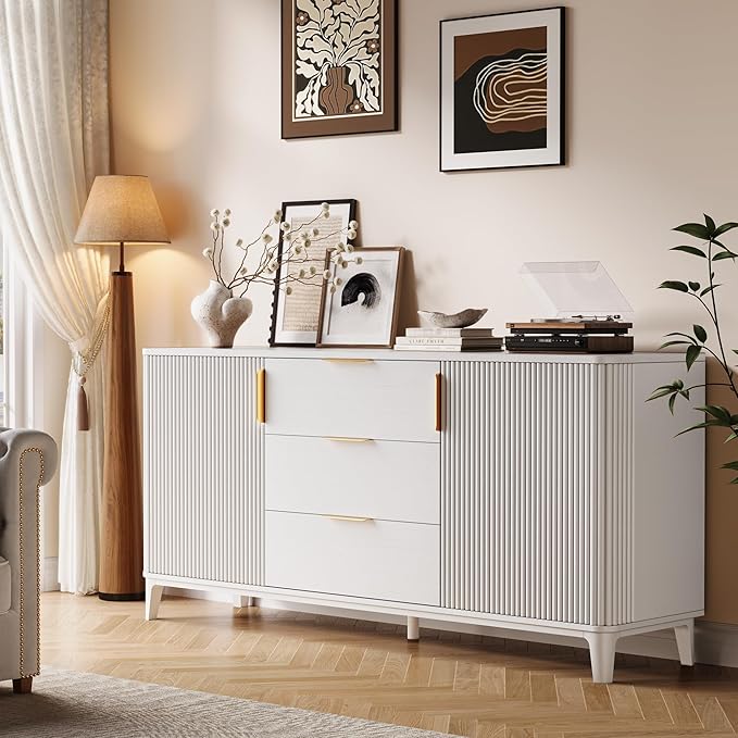 59" Fluted Sideboard Buffet Cabinet with 2 Doors and 3 Drawers, Large Modern Mid Century Buffet Table Coffee Bar Wine Bar Storage Cabinet with Adjustable Shelves for Dining Room, Living Room White