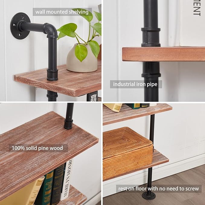 6 Tier Industrial Ladder Shelf Bookcase, Wall Mounted Rustic Bookshelf for Living Room Decor and Storage (Weathered Brown, 6 Tier - 10" D x 36" W x 82.5" H)