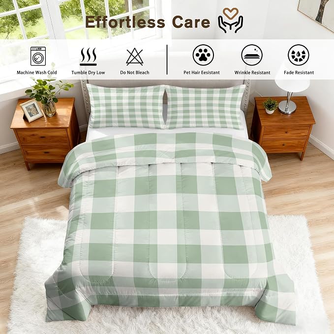 Farmhouse Plaid Full Size Comforter Sets 3 Piece, Green Buffalo Check Printed Pattern, Soft All Season Bed Comforter & 2 Pillow Sham, Checkered Bedroom Decor Reversible Bedding D-GM18