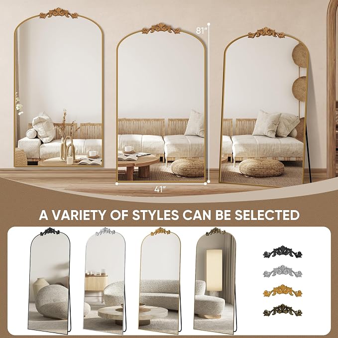 Antok Arched Full Length Mirror, 81"x41" Floor Mirror with Carved, Full Body Mirrors for HomeDecor, Standing/Halling Large Wall Mirror for Bedroom, Living Room, Cloakroom, Gold, Retro Style