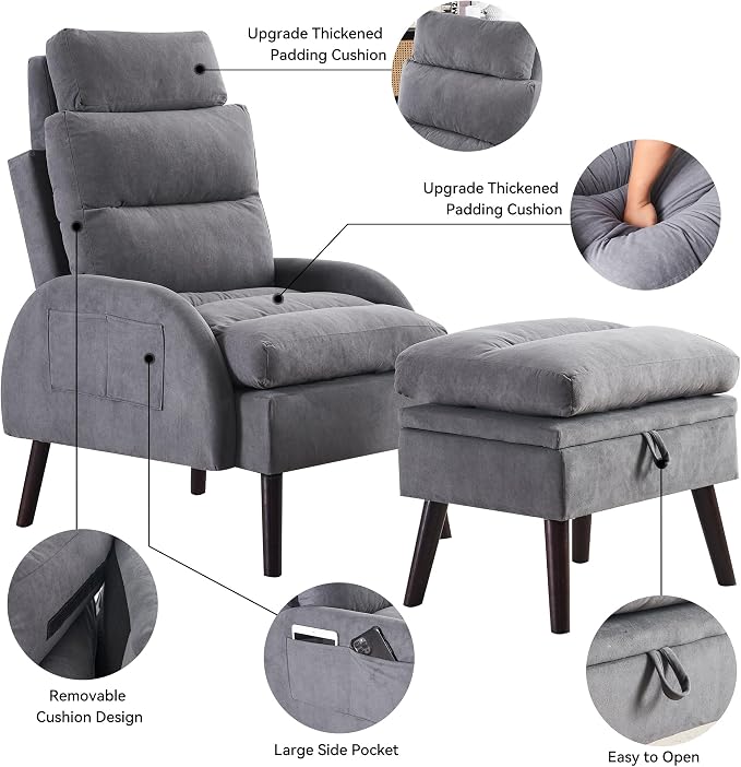 HCHAIRH Accent Chair with Ottoman, Comfy Reading Chair and Ottoman Set, Modern Oversized Velvet Lounge Armchair with Adjustable Backrest for Living Room Bedroom, Velvet Dark Grey