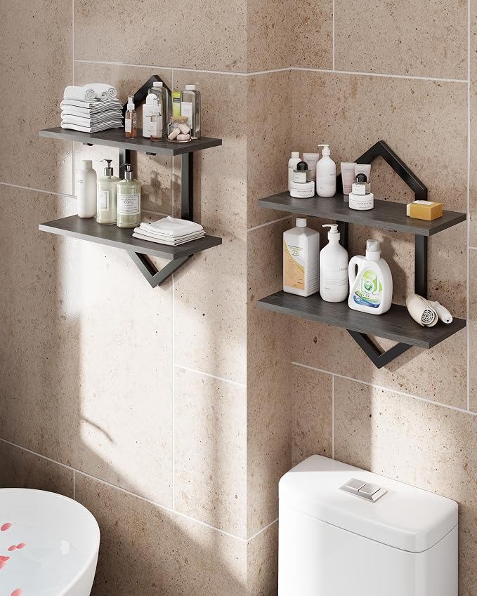 Floating Shelves, Set of 2 Wall Shelf, Wall Mounted Decorative Shelves, 2-Tier Modern Geometric Hanging Storage Shelf for Living Room, Bedroom, Kitchen, Office, Study (Greige + Black)