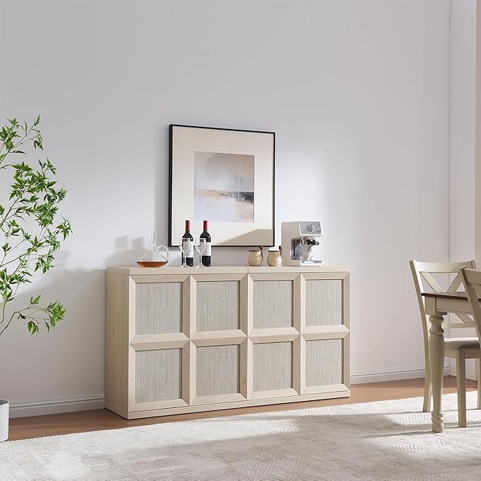 VividVibe Buffet Cabinet Sideboard with Storage, 94.35” Large Boho Credenza with 6 Doors, Sideboard Buffet Cabinet Farmhouse Modern for Entryway Living Room Light Oak