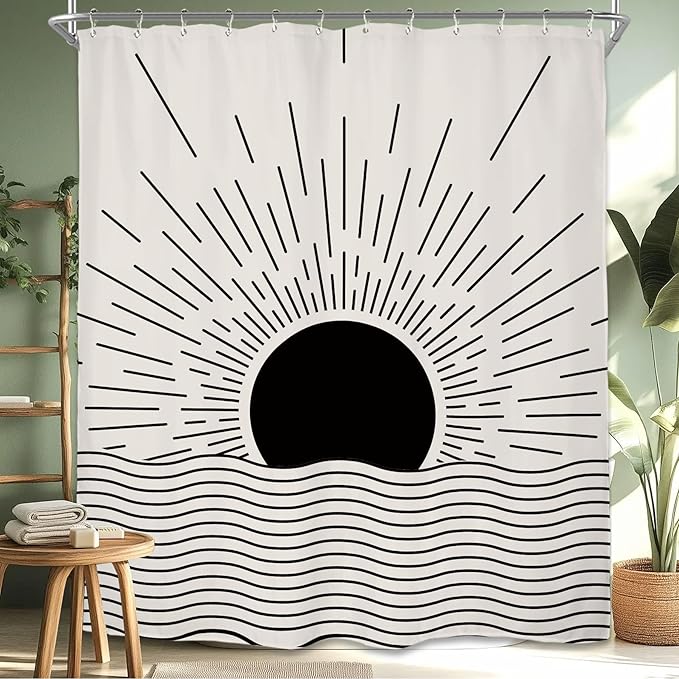 Miyotaa Black Sun Minimalist Shower Curtain Set 60Wx71H Inches Sunrise Sunset Mid Century Vintage Aesthetic Retro Modern Polyester Waterproof Cloth Bathroom Curtain with 12 Hooks