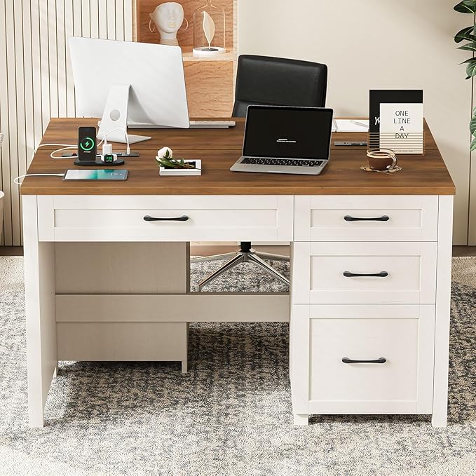 Vabches Farmhouse 47" Executive Desk, Computer Desk with File Drawer and Charging Station, Workstation for Home Office, Study,(Unique White).