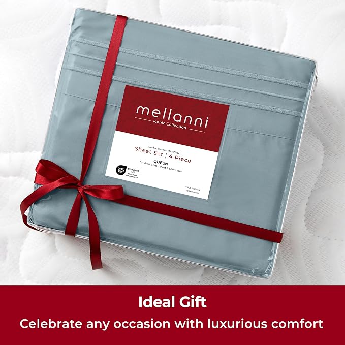 Mellanni Split King Sheets Set - 5 PC Iconic Collection Bedding - Hotel Luxury, Extra Soft, Cooling Bed Sheets - Wrinkle, Fade, Stain Resistant (Split King, Spa Blue)