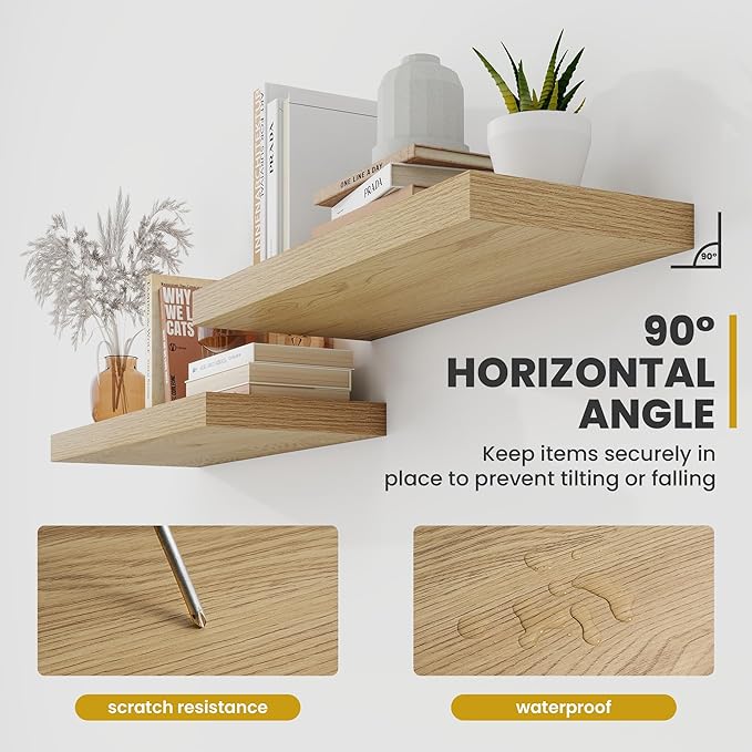 16 Inch Floating Shelves, 9.3" Deep Floating Shelf Wall Mounted, 16" Wall Shelves, Rustic Deep Bookshelf, Large Display Shelves & Storage Shelves for Bedroom, Living Room, Oak, Set of 2