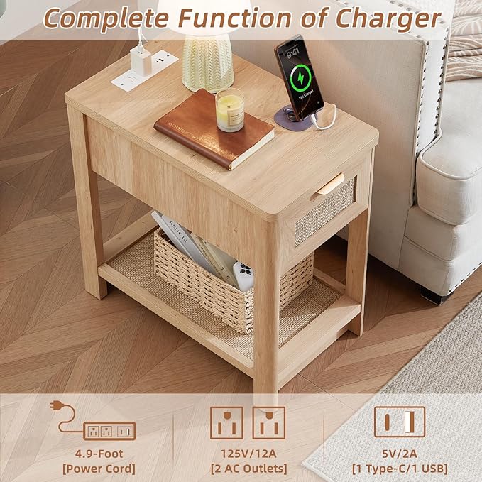 Lerliuo Narrow Night Stand with Charging Station, Boho Nightstand with Drawer, Bed Side End Table with Rattan Shelf for Small Spaces, Wood Nightstands Bedside Tables for Living Room Bedroom