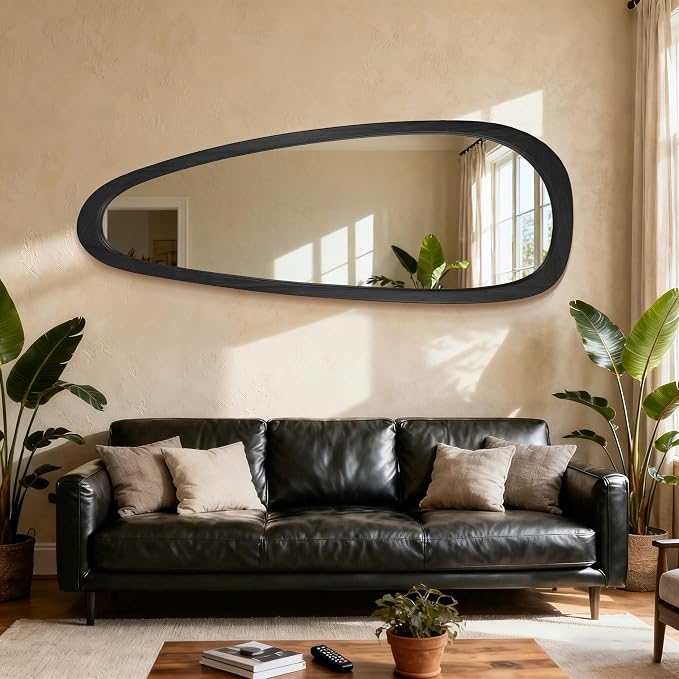 22‘’x60'' Asymmetrical Rustic Wall Mirror for Bathroom Black Wood Frame, Irregular Classic Mirror Farmhouse Vanity Mirror,Mid Century Modern Mirror Decor Living Room, Bedroom, Entryway