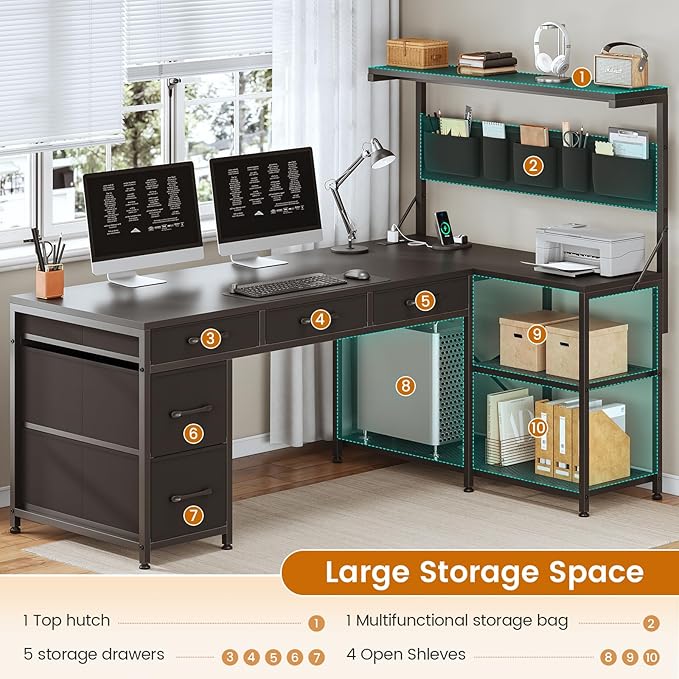 SEDETA L Shaped Gaming Desk, 47.2" Reversible Small Computer Desk with 5 Drawers and Storage Shelves, Corner Gaming Desk with LED Lights and Power Outlet, Black