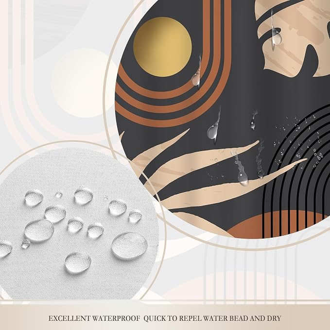 Glawry Black Boho Mid Century Shower Curtain Abstract Beige Leaves Minimalist Simple Aesthetic Arch Sun Modern Bathroom Botanical 72Wx72L Inches Bath Accessories Art Home Decor Fabric 12 Pack Hooks