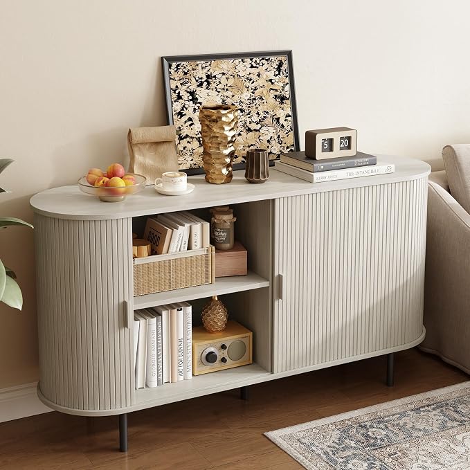 ONBRILL 55" Sideboard Buffet Cabinet with Storage, Storage Cabinet with Sliding Door & Adjustable Shelf, Modern Accent Coffee Bar Console Table for Kitchen, Entryway, Natural White