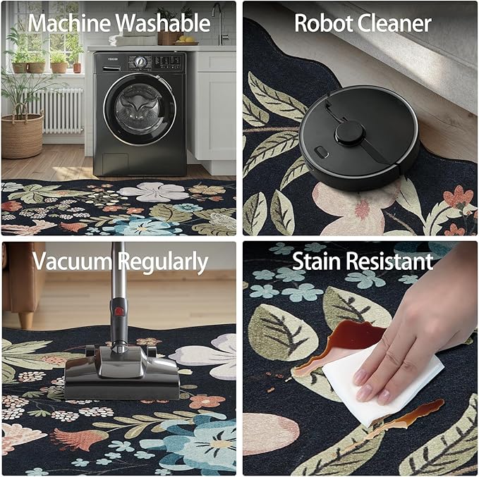 DCX Black Floral Rug 4x6, Washable Black Rug for Living Room, Kid & Pet Friendly with Rubber Back Non Slip, Soft Low Pile Carpet, Stain Resistant Rug for Bedroom, Nursery, Dining Room