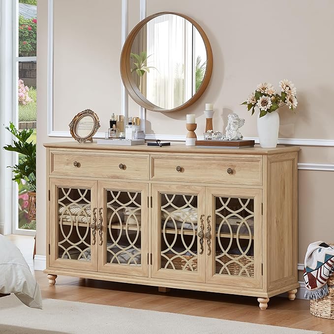 Large Sideboard Buffet Cabinet with Storage,59" Credenza with 4 Glass Doors & 2 Drawers,Adjustable Shelves Coffee Bar,Wood Kitchen Console Table for Dining Room,Living Room,Natural