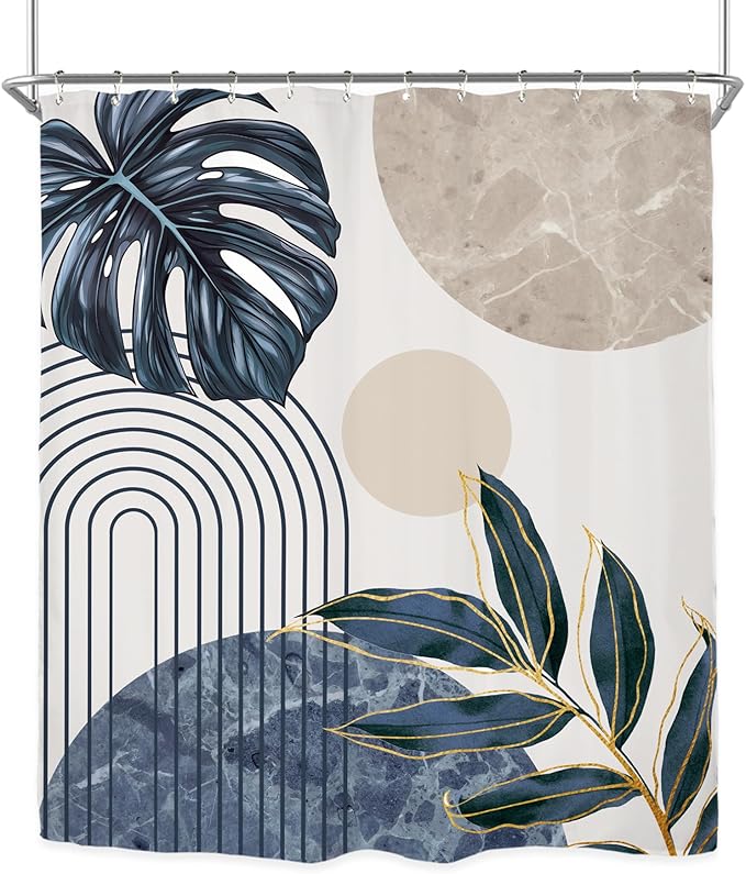 Miyotaa Abstract Blue Shower Curtain Set 60Wx71H Inches Minimalist Aesthetic Modern Contemporary Plant Leaves Neutral Monstera Polyester Waterproof Cloth Bathroom Curtain with 12 Hooks