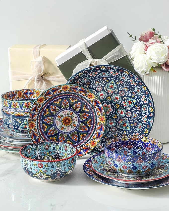 glowworm Dinner Plates Set of 4, 10.5 Inch Ceramic Plates for Steak, Dishes Set for Kitchen, Housewarming Gift,Microwave, Oven & Dishwasher Safe, Bohemian